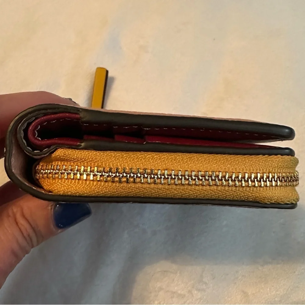 Tory Burch Perry Color Block Bifold Pebbled Leather Wallet pink yellow brown red
